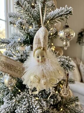 Vintage Harlequin Jester Head Christmas Ornament Bisque Porcelain Gold Lace 9"